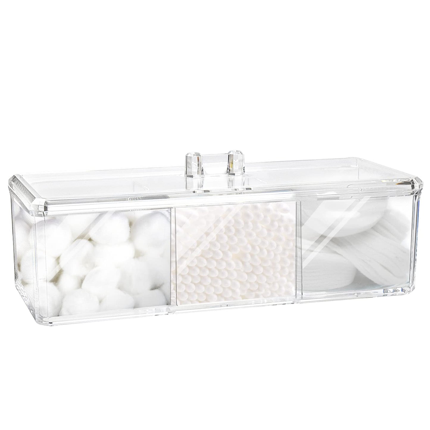 Square Qtip Holder Dispenser, 3 Compartments Cotton Ball Holder, Bathroom Canisters for Cotton Swab, Ball, Cotton Pad Organizer, Clear Acrylic