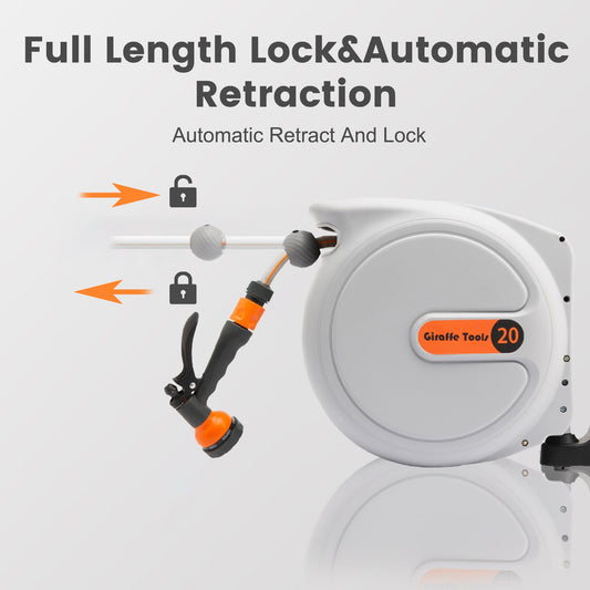 Giraffe Tools Wall Mounted Hose Reel 20+2m, Hose Pipe Reel Automatic Rewind with 7 in 1 Spray Gun and Swivel Bracket for Garden