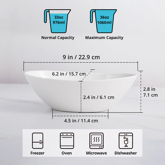 LIFVER Salad Bowl, 36oz White Porcelain Bowls Set of 4 for Pasta, Cereal, Soup, Dessert, Ramen, Microwave & Dishwasher Safe Oval Serving Bowl, 9" x