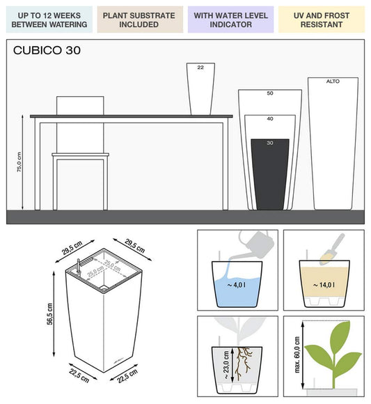 Lechuza CUBICO 30 Self Watering Planter Garden Plastic Indoor and Outdoor Flower Plant Pot with Drainage Hole H56 L30 W30 cm Charcoal Metallic