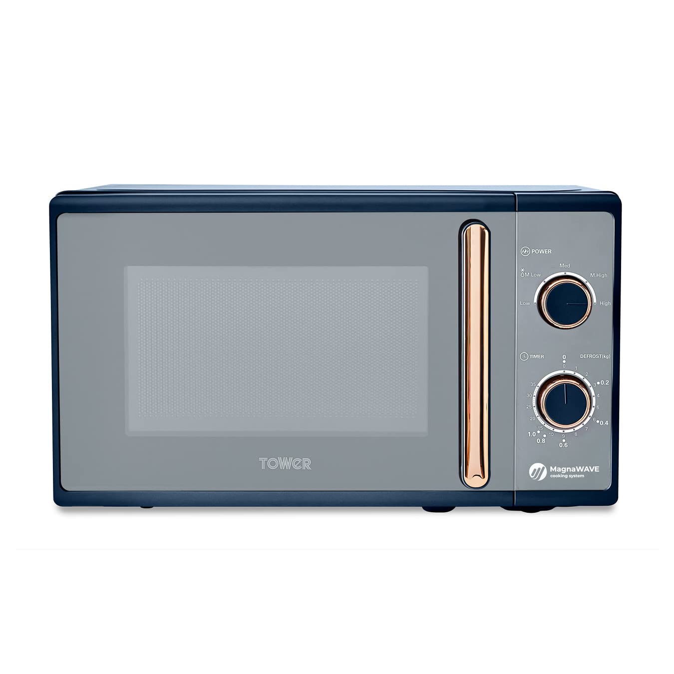 Tower T24038MNB Cavaletto Manual Microwave with 5 Power Levels and 35 Minute Timer, 800W, 20L, Midnight Blue & Rose Gold