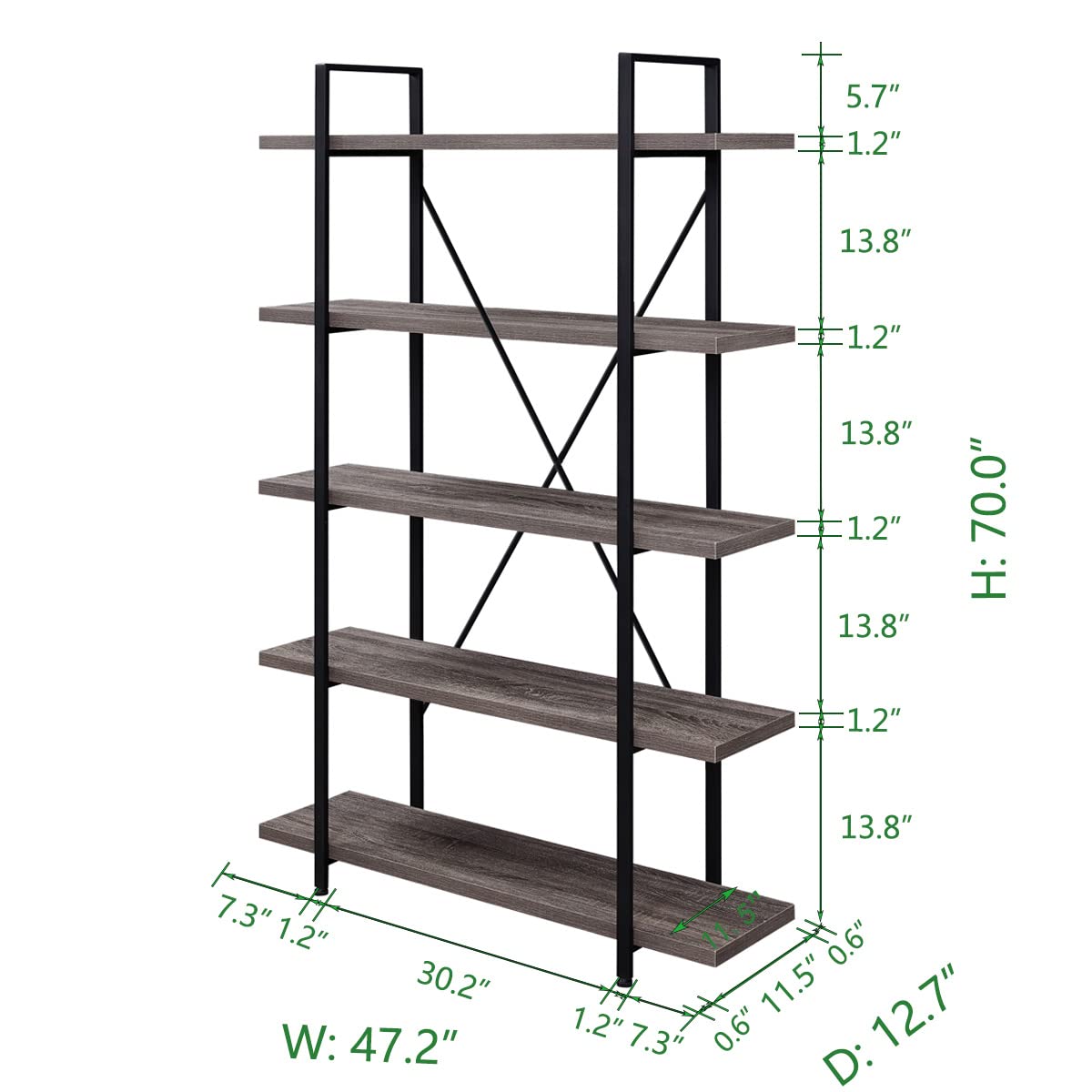 HSH 5 Tier BookShelf Farmhouse Storage Bookcases Modern Shelf Grey Oak