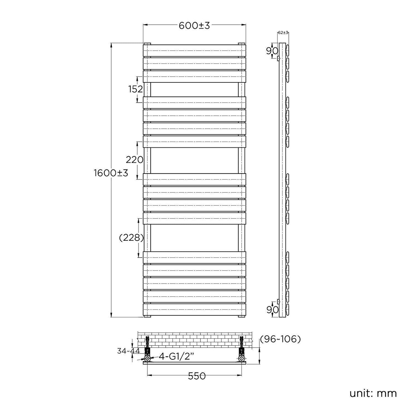 iBathUK Zerith Wall Mounted Flat Panel Heated Towel Rail, 16 Column Slim Flat Steel Hydronic Central Heating High Thermal Output Designer Bathroom