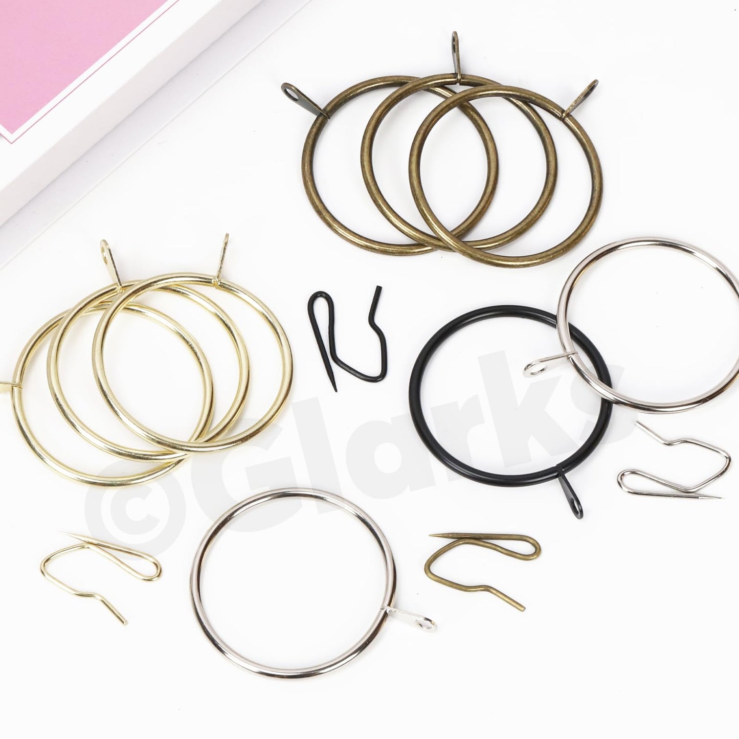 Glarks 30 Sets 25mm/1inch Golden Metal Drapery Curtain Hanging Rings Set, includes 30pcs Curtain Rings and 30pcs Drapery Pin Hooks