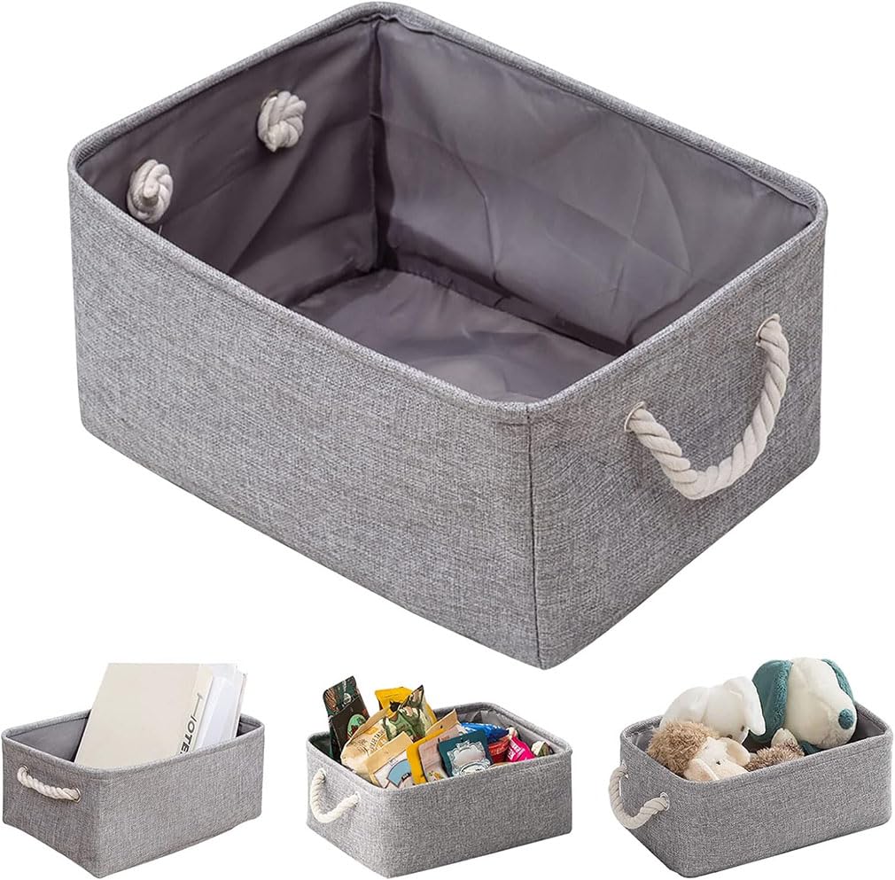 June Tech 3 Pcs Fabric Canvas Storage Boxes with Handles - Small Grey Storage Basket for Cupboards, Shelves, Toys, Clothes, Office