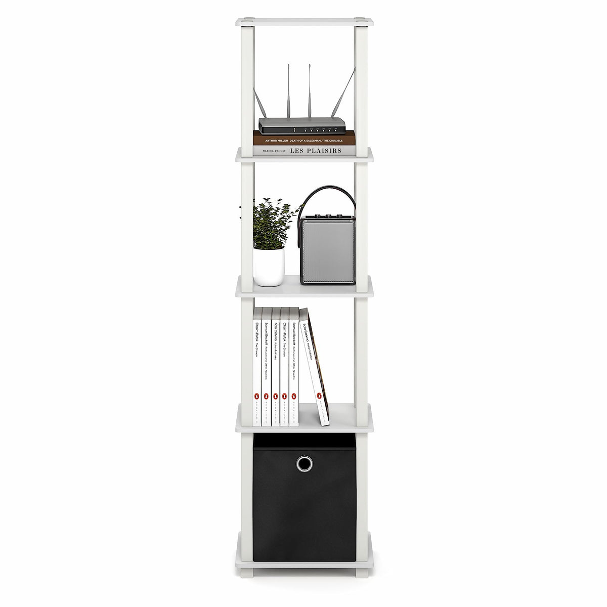 Furinno TURN-N-TUBE Book Shelf, 5-Tier Square Open Frame Display Shelf, Corner Storage Shelves with Storage Bin, Shelving Unit, for Organization