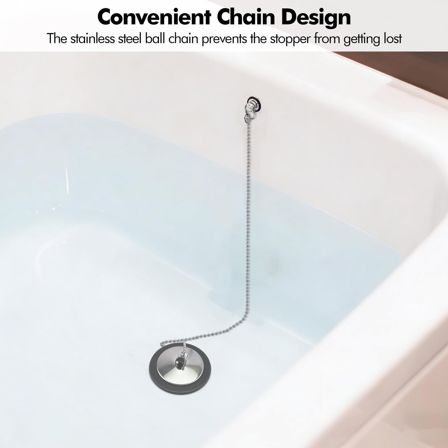 Lunhoo 1 Pack Universal Bath Plug, Drain Stopper with Stainless Steel Chain, 43mm Bath Plug replacement for Kitchen, Under Sink, Bathroom