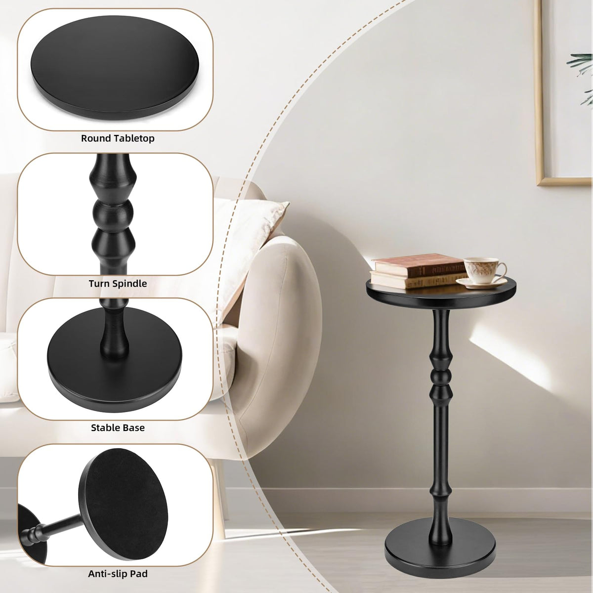Lampaggio Round Side Table for Small Spaces, Drink Table with Oak Wood Pedestal Base, Modern Accent End Table or Nightstand for Living Room, Bedroom
