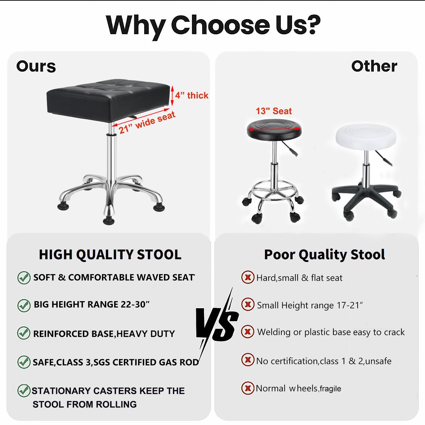 Heavy Duty Stool with Stationary Cassters: Backless Adjustable Stool Chair