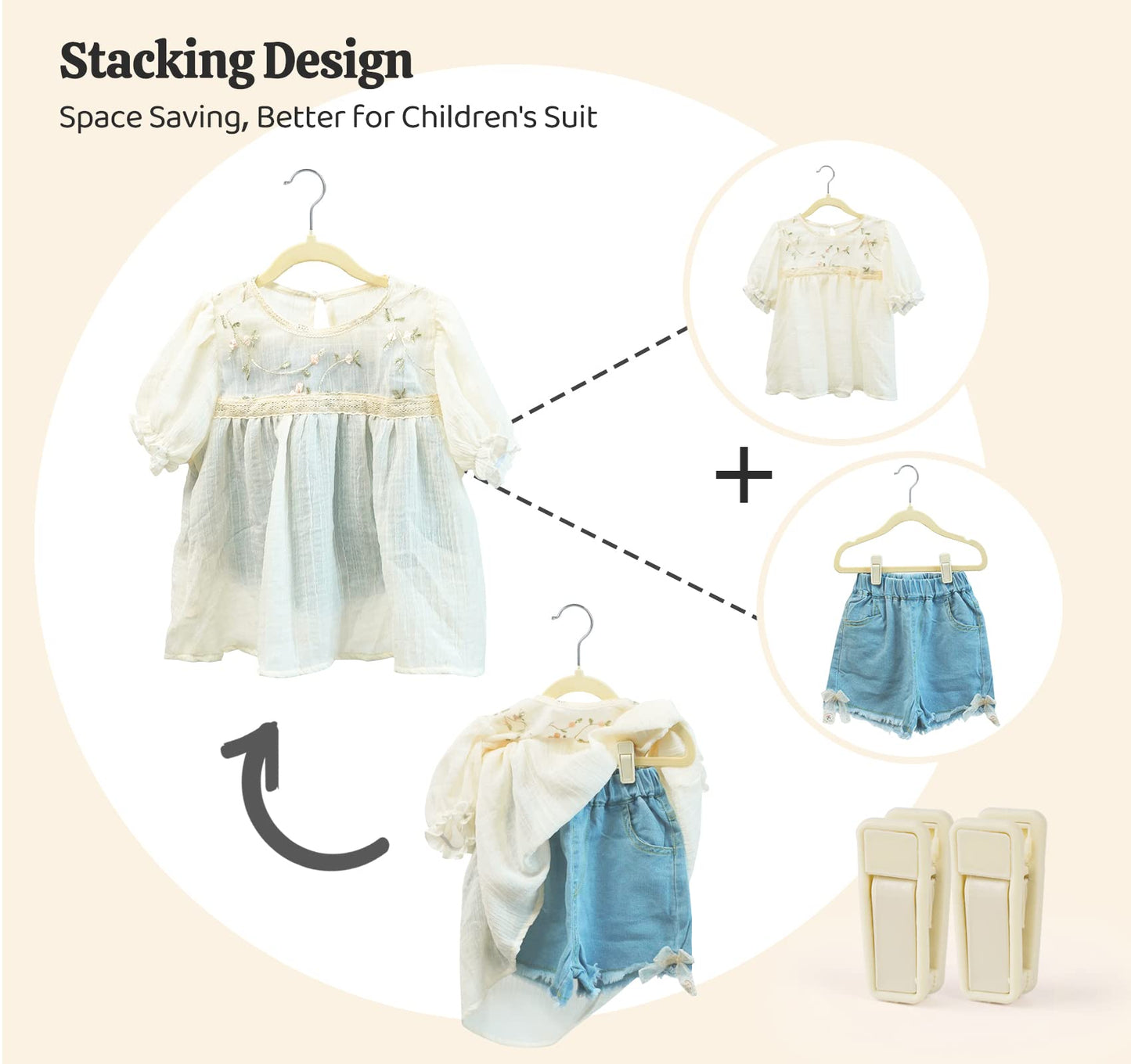 HOUISM Kids Velvet Hangers with 30 Finger Clips Ivory, Non-slip Children Clothes Hangers