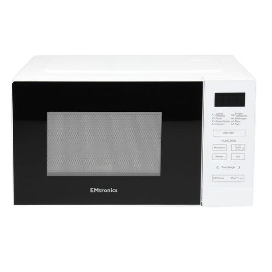 EMtronics 20 Litre 700W Digital Microwave with 800w Grill, 10 Power Levels, 8 Preset Options, Defrost Function and Cavity Light - White