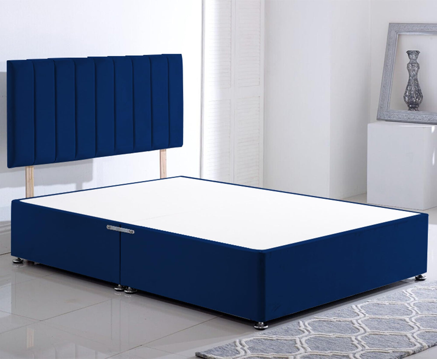 ComfoRest Double Divan Bed with No Drawers - 4FT6 - (Blue Plush) - Minimalist Frame for Compact Bedrooms - Durable Design for Contemporary Living