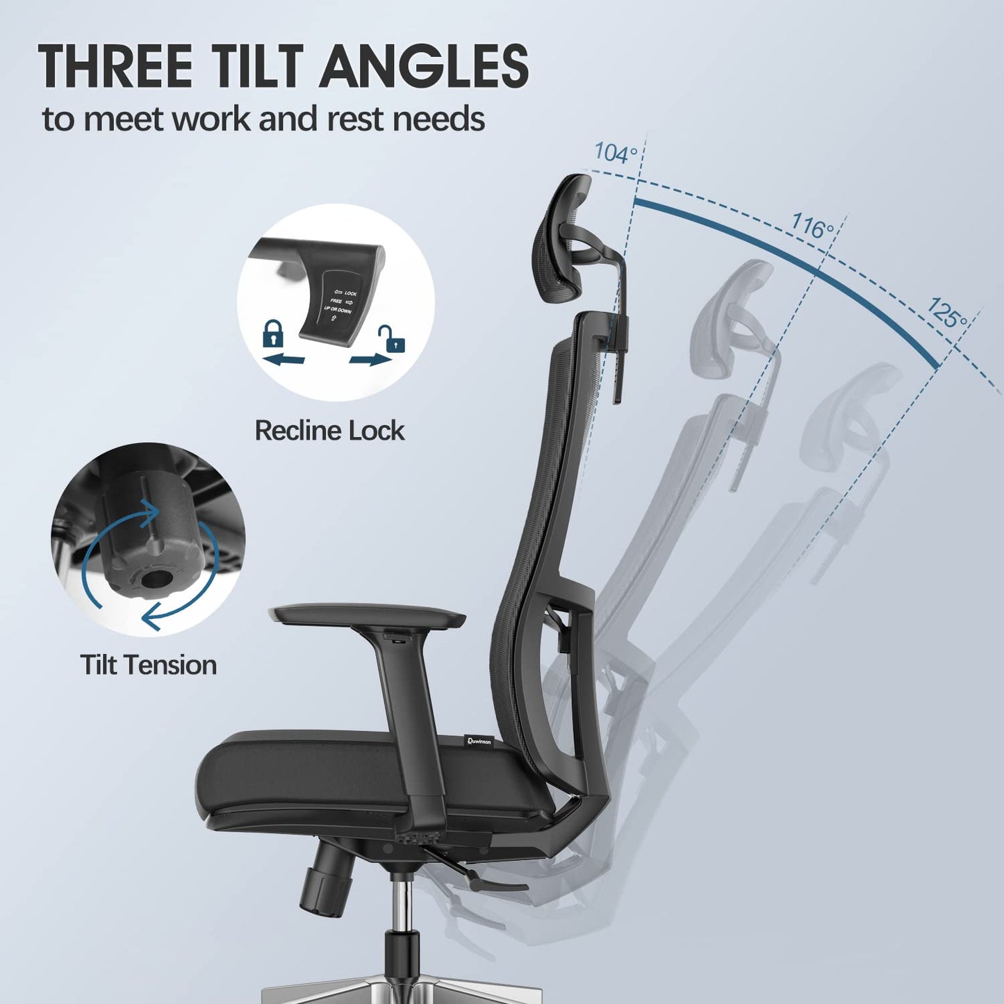 Duwinson Ergonomic Mesh Home Office Chair With Back Support, 3-Way Adjustment Armrest, Executive Desk Chair with Reclining Adjustment