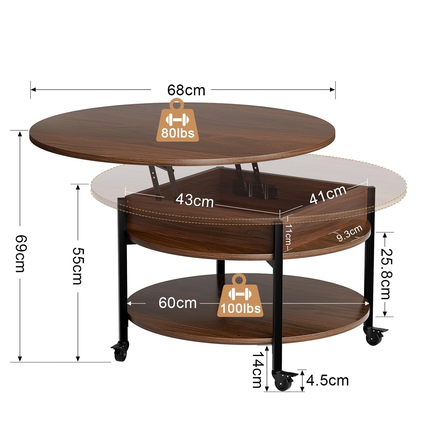 Mossora Espresso Round Lift Top Coffee Table with Lockable Wheels & Storage
