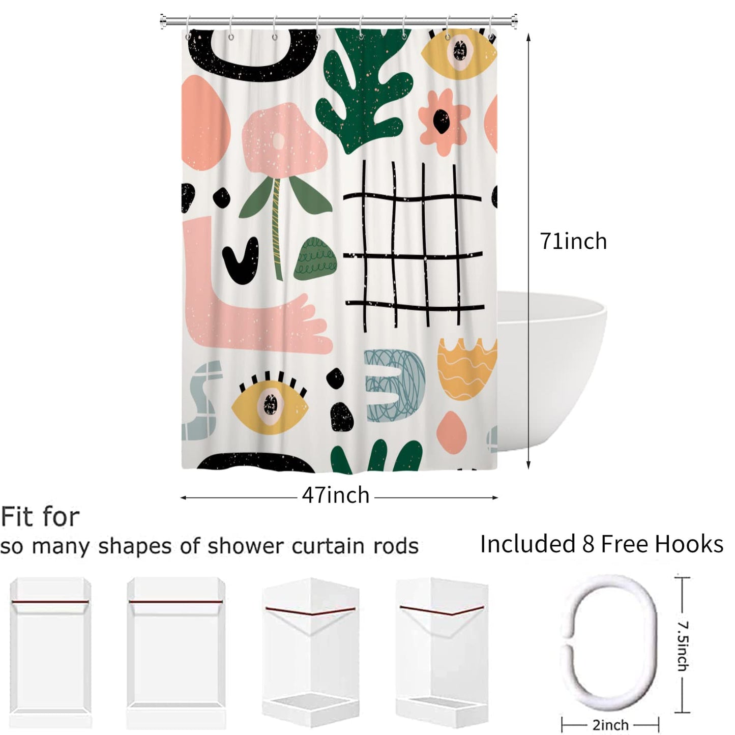 Hnmdmyi Boho Shower Curtain 120x180, Abstract Mid Century Shower Curtains Colorful Modern Geometric Aesthetic Art Bathroom Curtains with Hooks