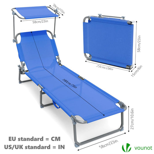 VOUNOT? Folding Sun Loungers Set of 2, Textilene Reclining Sunbed with Adjustable Backrest & Sunshade for Garden, Beach, Patio, Pool, Camp, Load 110