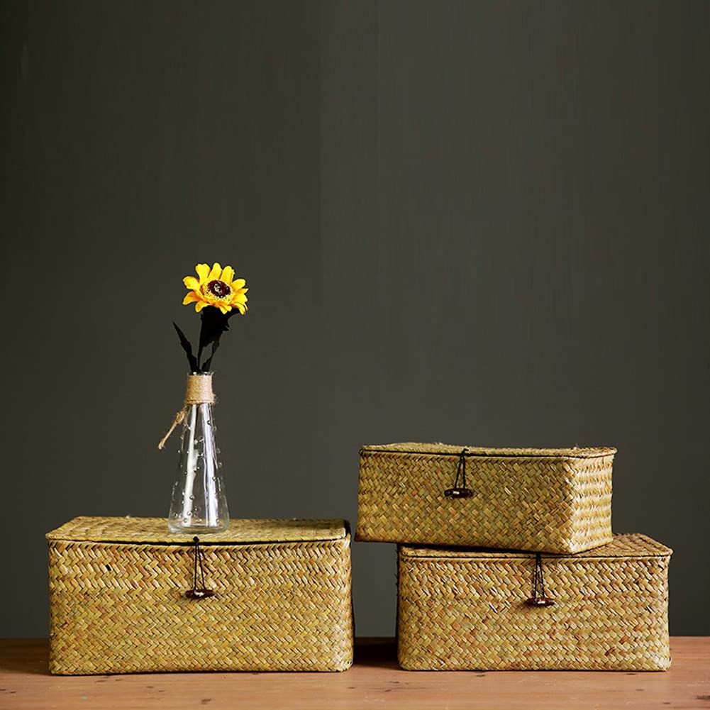 YSGLIFE Set of 3 Rectangular Storage Shelf Basket with Lid Seagrass Rattan Woven Multipurpose Organizer Boxes for Clothes, Makeup
