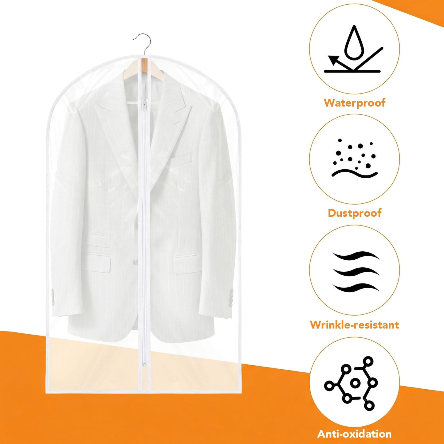 6 Pack Garment Bags, 40in PEVA Suit Bags Clothes Covers, White Edge