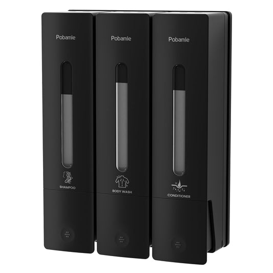 1984 Shower Soap Dispenser Bathroom Set Shampoo Conditioner Body Wash Wall Mounted 3 Chamber No Drill for Home Star Hotel 3 x 400ml Black