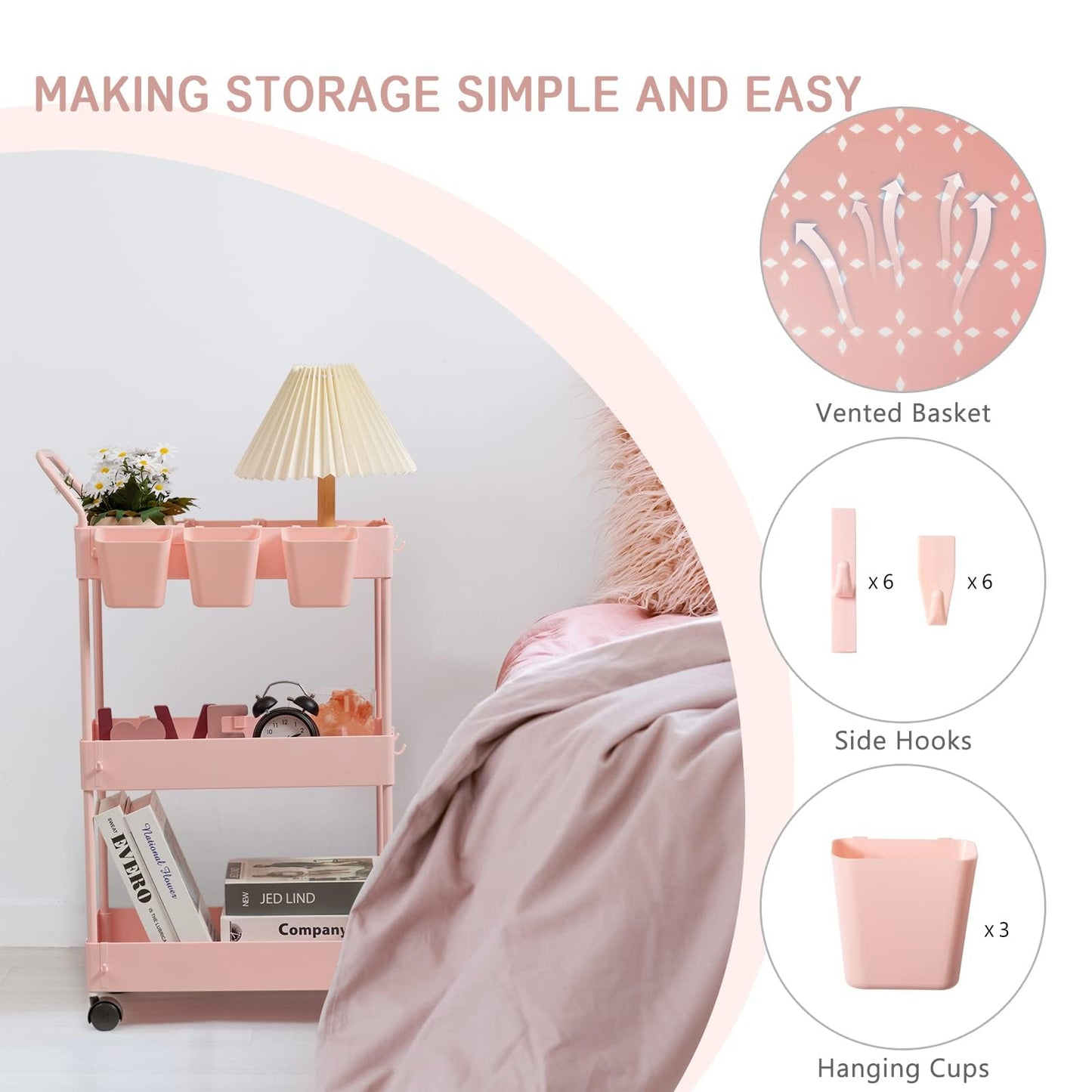 danpinera 3-Tier storage trolley, storage trolley on wheels, beauty trolley with Dividers & Hooks & Hanging Cups, kitchen trolley