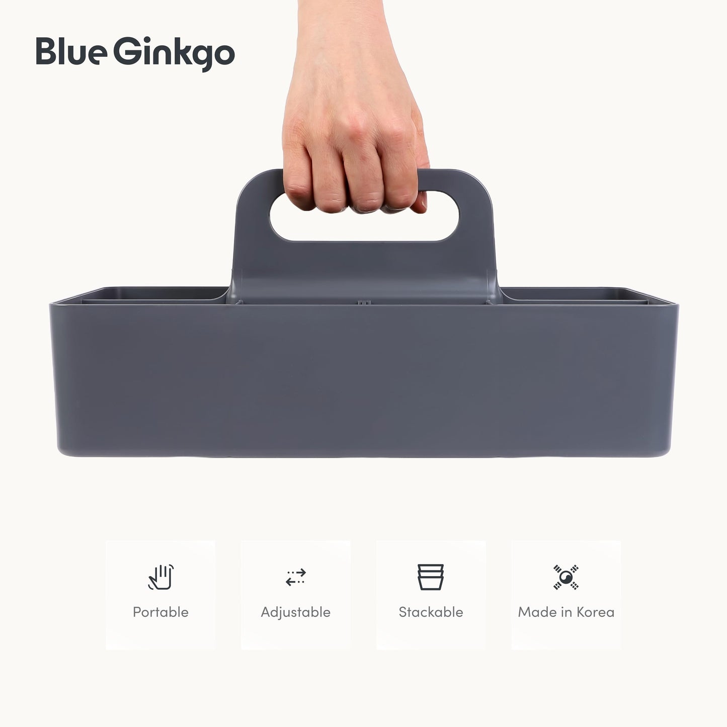 BLUE GINKGO Stackable Organizer Caddy – Korean-Made Portable Tote for Bathroom, Office, Crafts, or School Supplies (Long Rectangle, Grey)