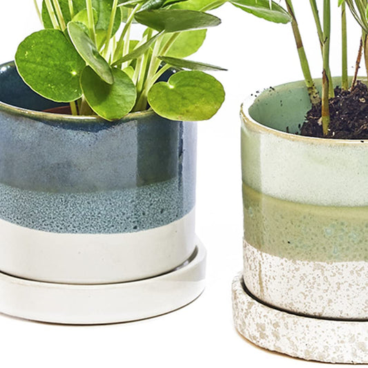 Chive ?Minute? Ceramic Plant Pots ? Cute, Beautiful Pots for Flowers & House Plants Indoor & Outdoor ? Set of 3 ? Green & Blue