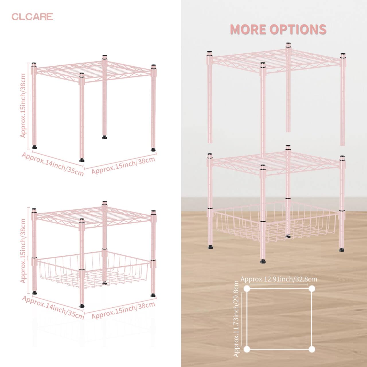 CLCARE Stacking Shelf Adjustable, Stackable & Expandable, Heavy Duty Storage Shelving Unit, Cabinet Organizer Shelf (Pink,2-Tier)