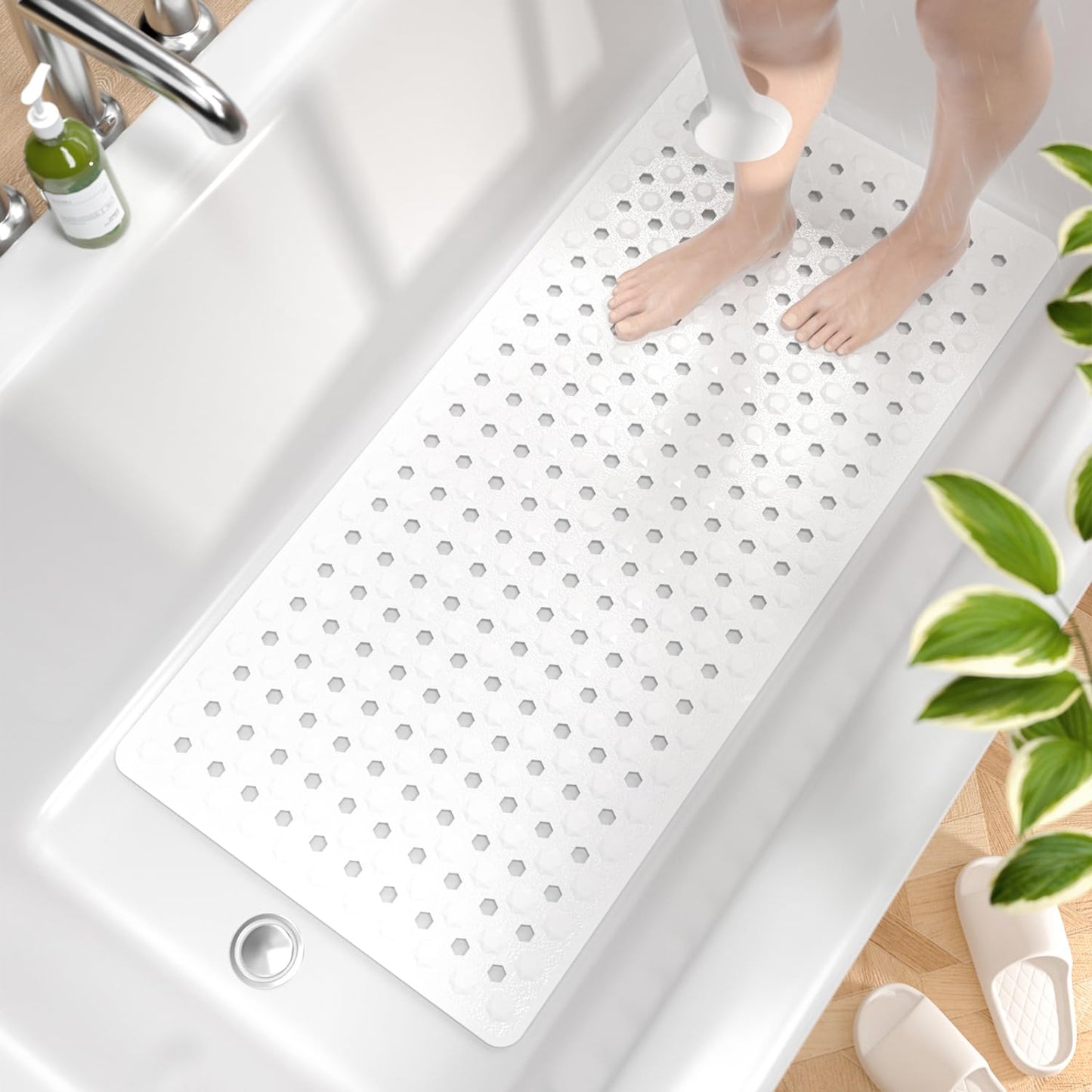 HITSLAM Bath Mat Non Slip Anti Mould, 89 x 40 cm Long Non Slip Shower Mat for Inside Shower, Machine Washable Bathroom Bathtub Mat with Strong Suction