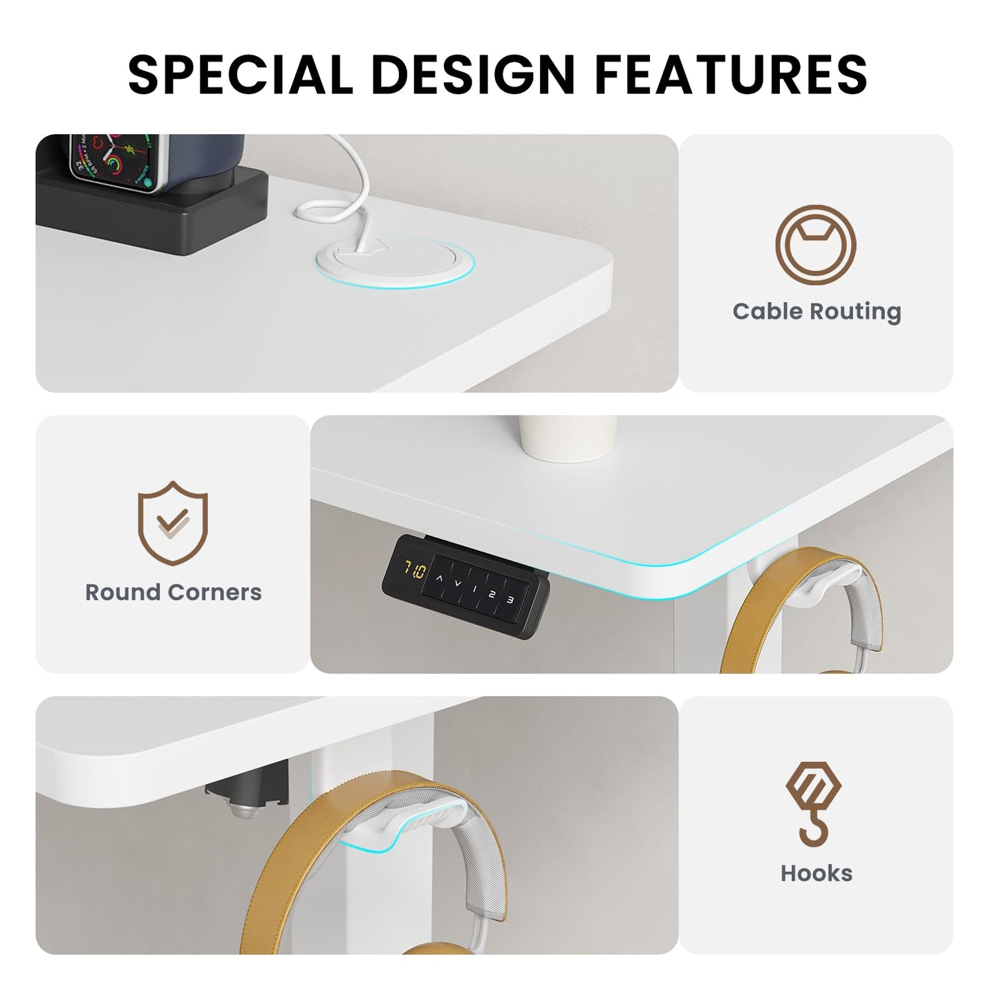 Farini U-Shaped Ergonomic Electric Standing Desk, 120x60cm, Height Adjustable Sit to Stand Desk with Memory Keypad & Headphone Hook for Home and