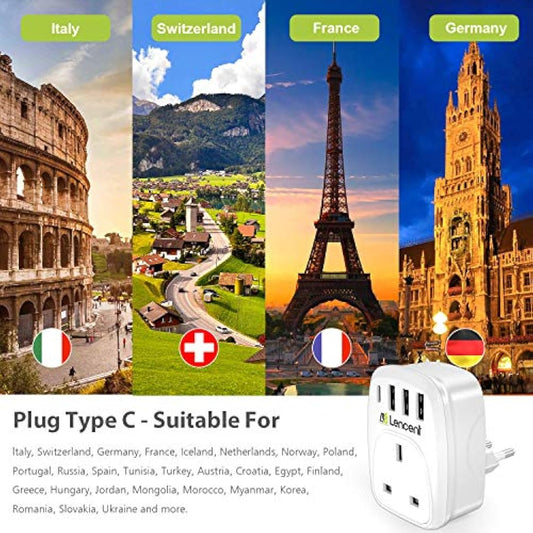 LENCENT 2 Packs UK to EU Euro Europe Plug Adapter, European Travel Adapter with 3 USB Ports and 1 USB C Port for Italy Switzerland Germany Spain France Portugal Greece Netherlands and more (Type C)