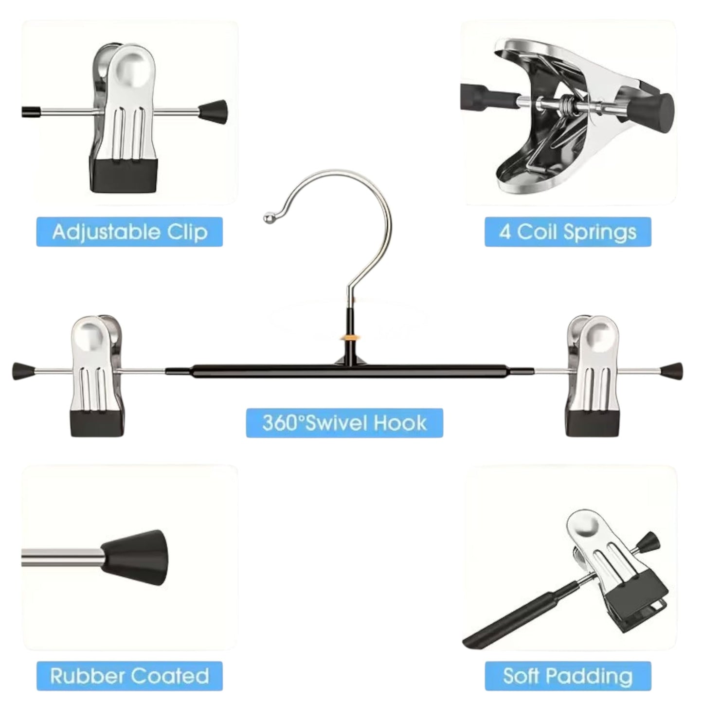 CRIFLOMAR Universal Hangers with Clips, 10 Pieces, 30 cm, Metal Hangers for Trousers and Skirts, Space Saving (Black)