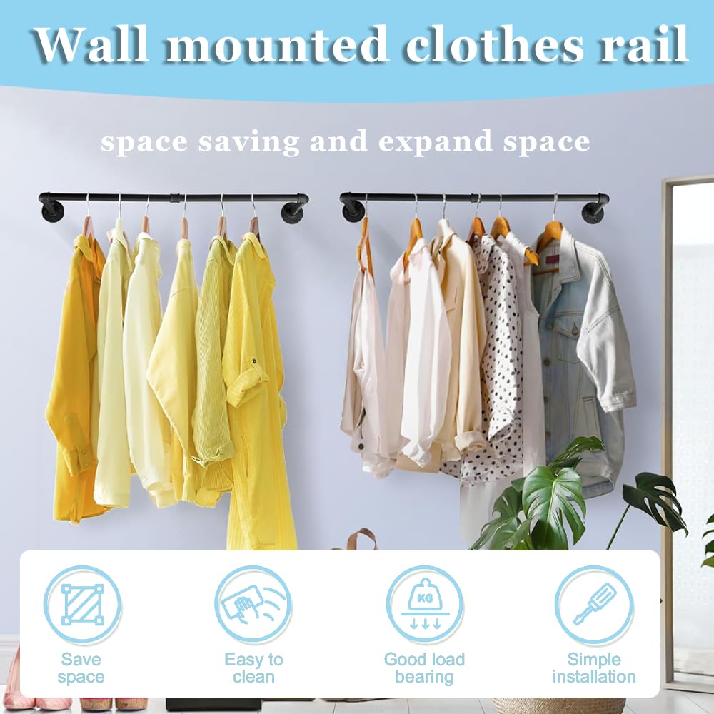 Exquilnova 90CM Wall Mounted Clothes Rail,Black Metal Clothing Rack,Multifunctional Heavy Duty Clothes Rail,Hanging Rails Suitable for