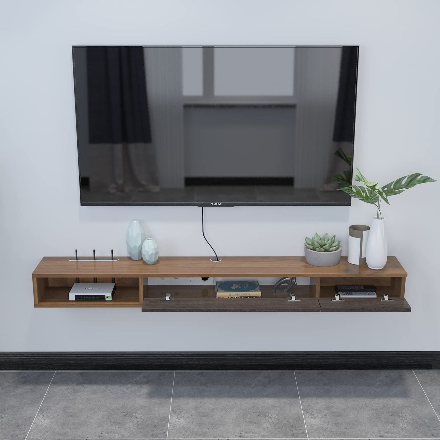 Pmnianhua Floating TV Unit, 47'' Wall Mounted TV Cabinet, Floating Shelves with 2 Doors