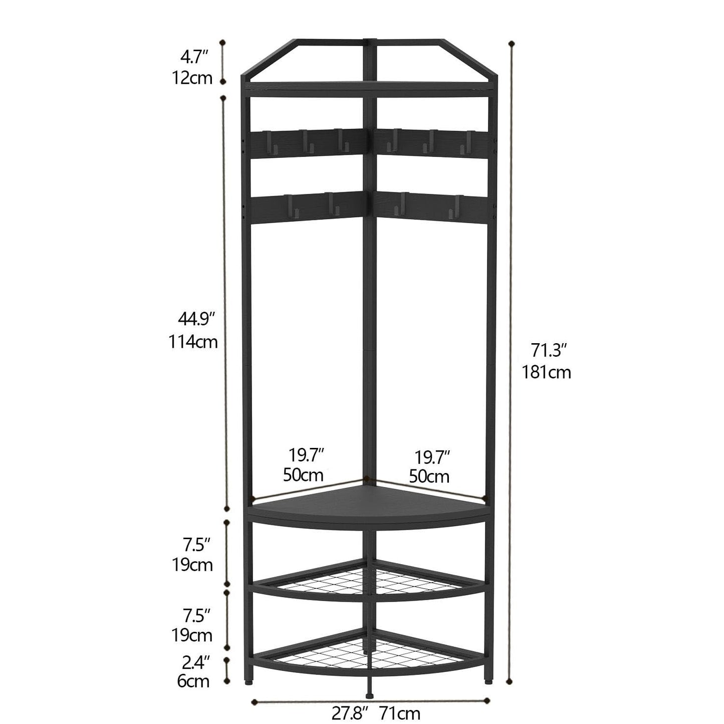 VEDECASA Coat Rack Stand with Shoe Storage Bench Free Standing Corner Hall Tree 4-Tier Corner Clothes Rack with 10 Metal Movable Hooks and Wooden