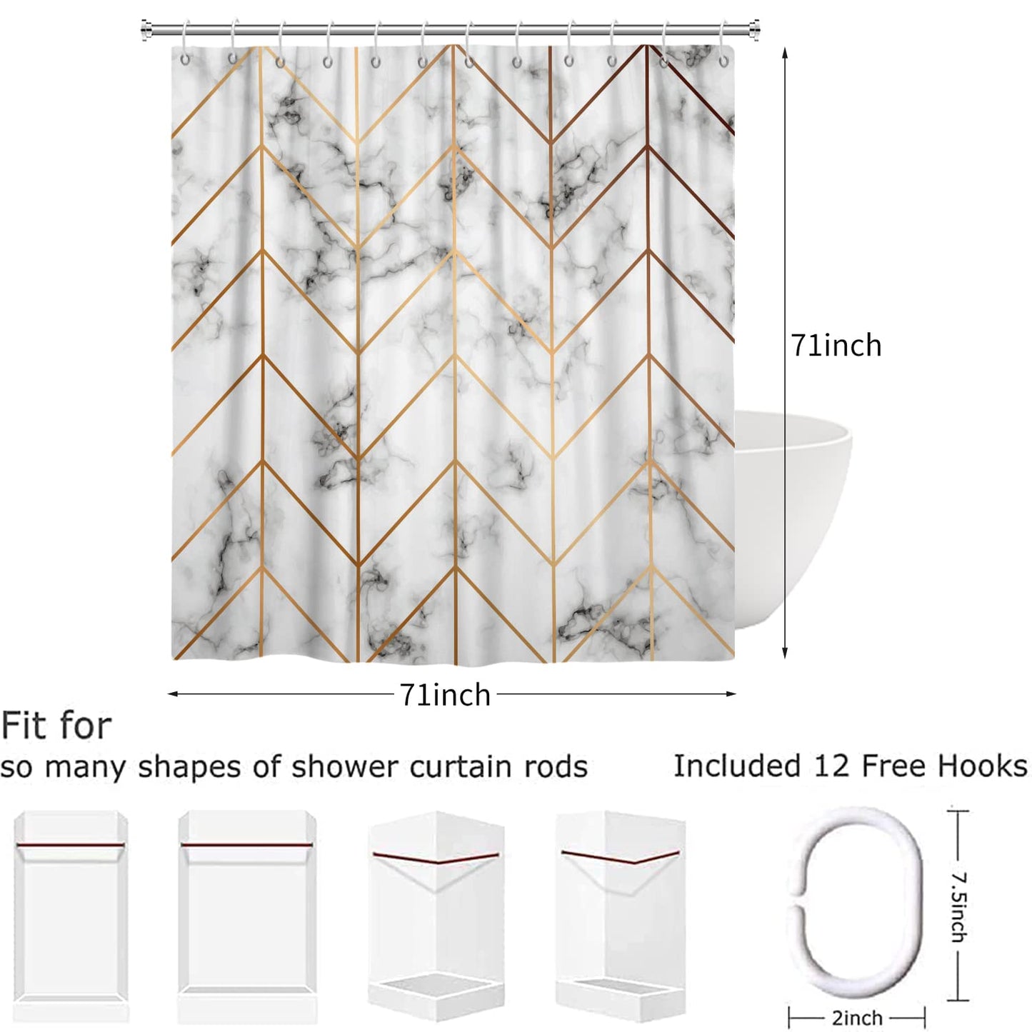 Hnmdmyi Marble Shower Curtain 180x180, Grey and White Shower Curtains Gold Geometric Line Abstract Modern Luxury Art Bathroom Curtains Waterproof