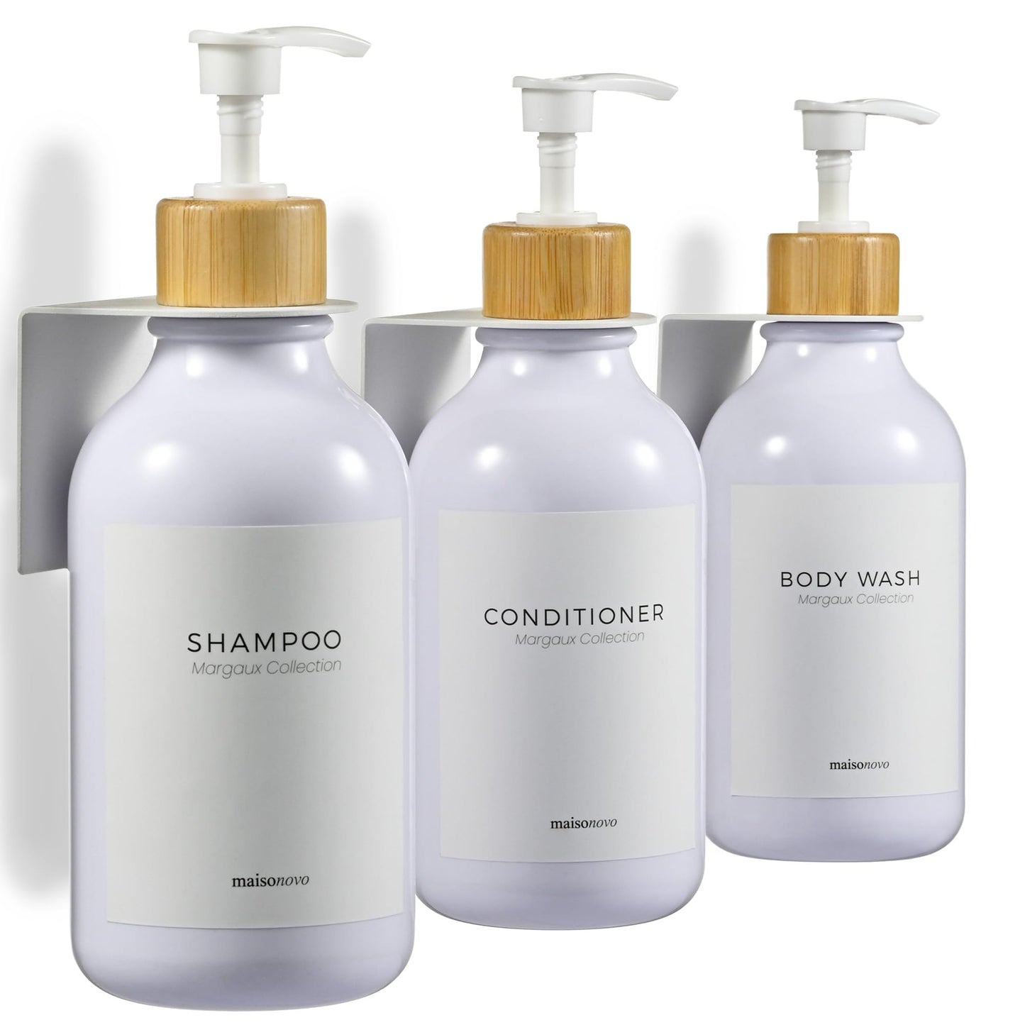MaisoNovo Shampoo and Conditioner Dispenser - Set of 3 Shower Soap Dispenser Wall Mounted - 500ml White Plastic Bottles with White Bamboo Pump