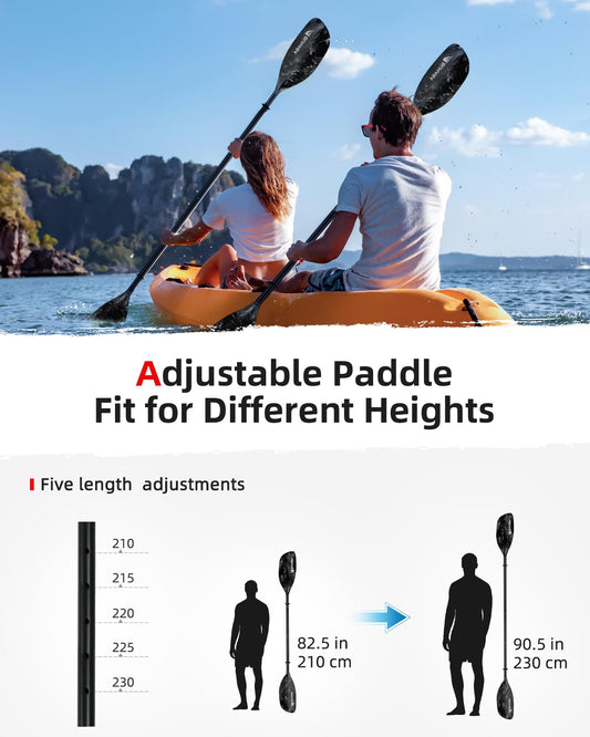 Abahub Adjustable Kayak Paddle 210-230 cm/82-90 Inches Floating Kayaking Oars Boating Oars Canoeing Oars Black with White Wave Print