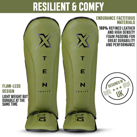 XTEN SPORTS Shin Guards Muay Thai, MMA, Gel Integrated Padding, Training Sparring, Boxing, Kickboxing, BJJ, Taekwondo Protective Gear, Olive Green