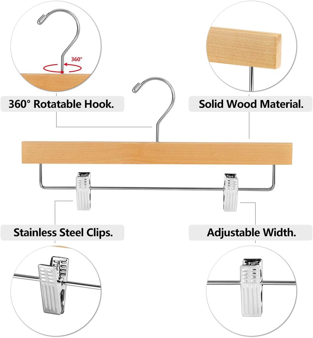 20pcs Wooden Trouser Hangers, 35cm Natural Skirt Coat Hangers with Clips