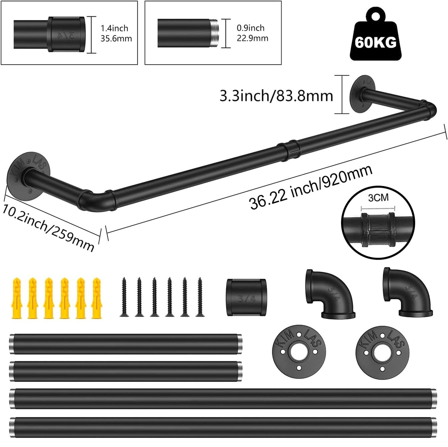 SMILOVII Wall Mounted Clothes Rail, Industrial Clothes Rail Wall Mounted, 92cm Walls Mounted Garment Rail Heavy Duty