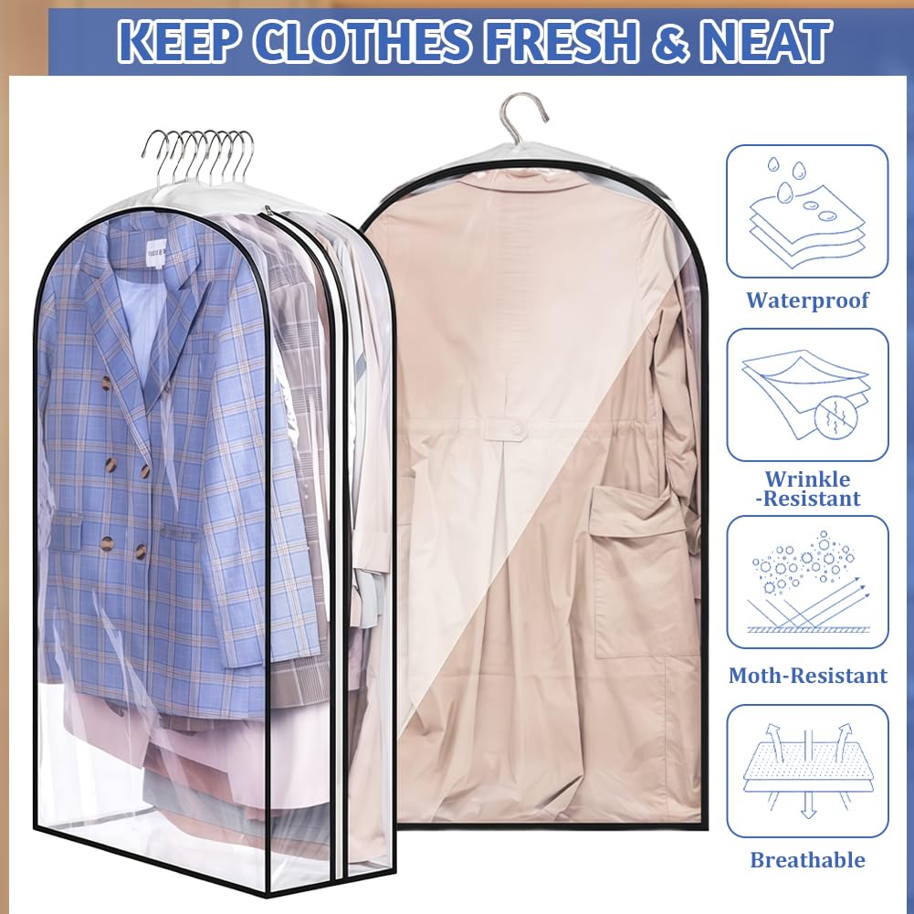AMFUN Garment Bags, 4PCS Full Clear Dustproof Garment Bags, Moth Proof Clothes Covers with Zip, Waterproof Suit Storage Bags for Coats, Jackets