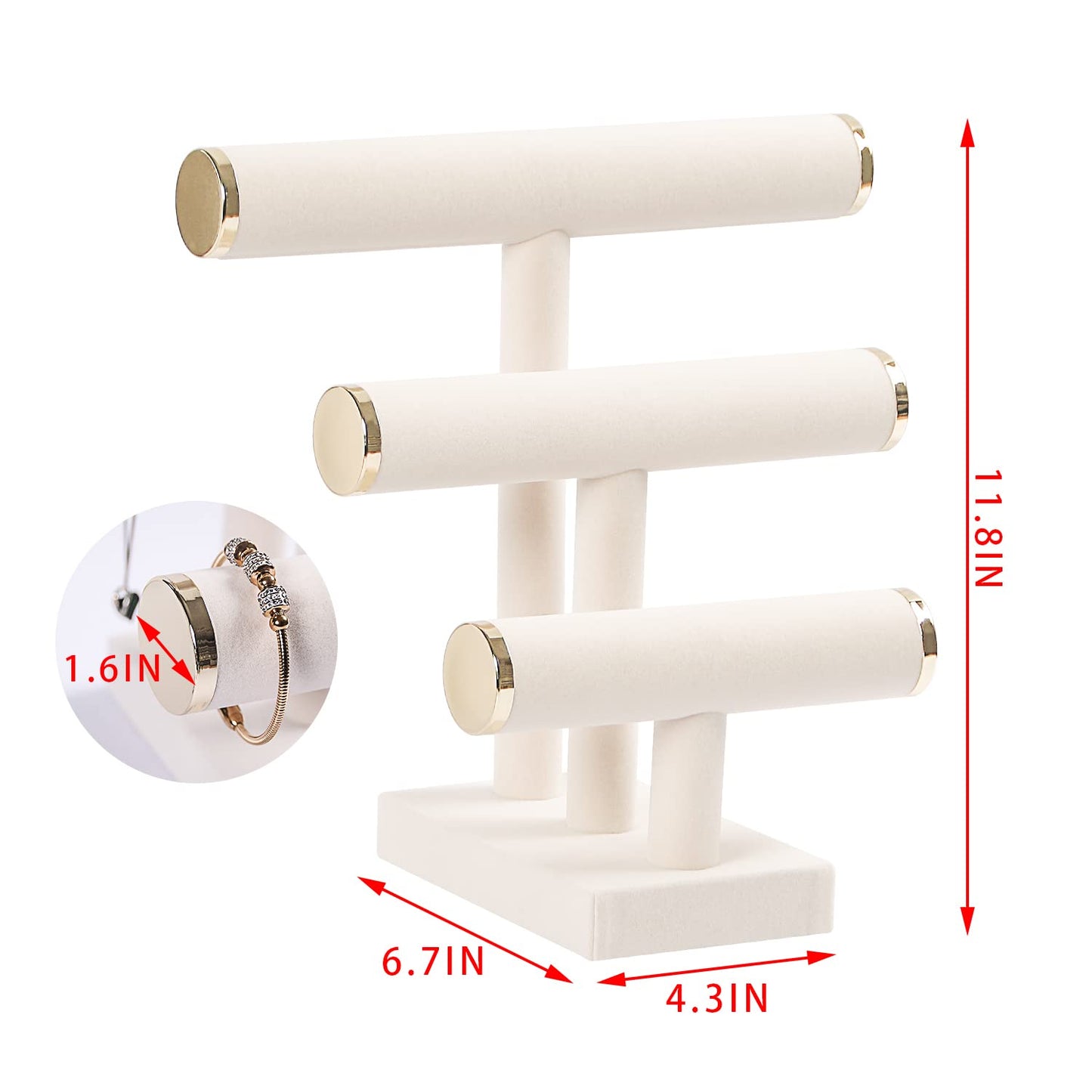 Pengup 3 Tier Bracelet Holder,Bracelet Display Stand with Metal Cap,Beige White Velvet Jewelry Organizer Displays for Necklace Scrunchies Watches