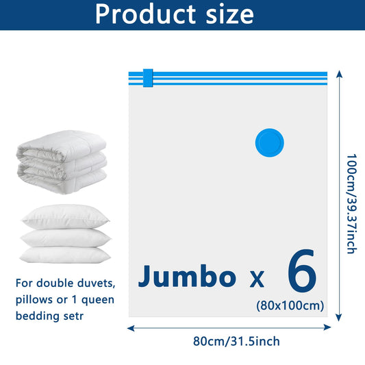 Vacuum Storage Bags - 6 Pack Jumbo 80X100cm Space Saver Sealer Compression Bags, Reusable Vacuum Bags for Storage Clothes, Duvets, Bedding, Quilts