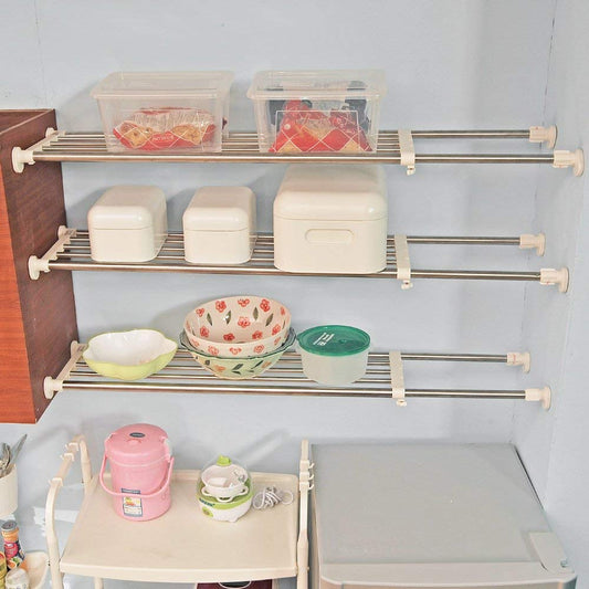 BAOYOUNI Expandable Shelf Airing Cupboard Tension Rod Extendable Wardrobes Rail Top Refrigerator Kitchen Bathroom Wall Storage Rack Organiser Heavy
