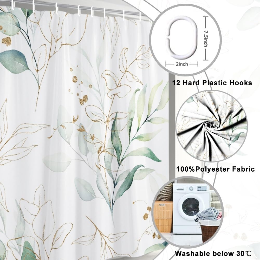 Uiiooazy Eucalyptus Shower Curtain, Sage Green Gold Leaves Pattern Bath Curtain Mildew and Mould Resistant Waterproof Polyester Fabric Washable