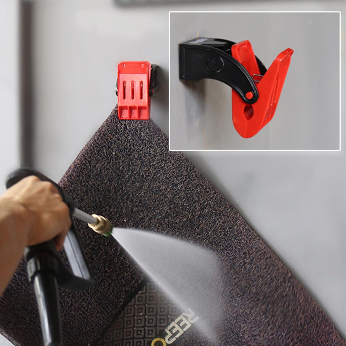 VOANZO Car Wash Floor Mat Clamps 4 Pack Swivel Large Anti-Slip Stainless Steel Spring Clamps Wall-Mounted Heavy Duty Cleaning Clip for Mat