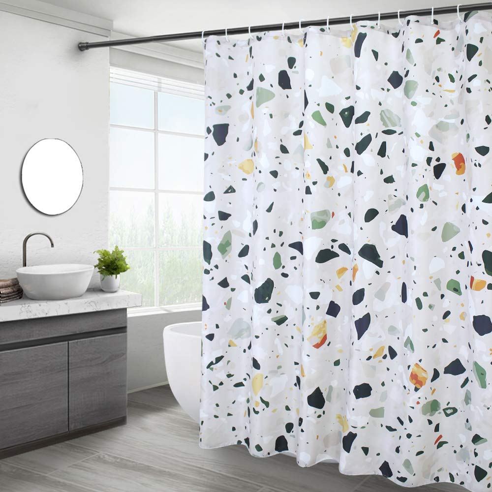 EurCross Green Shower Curtains Mould proof resistant, Washable Weighted Fabric Wet Room Shower Curtain with Terrazzo Pattern 180 x 180 cm Drop