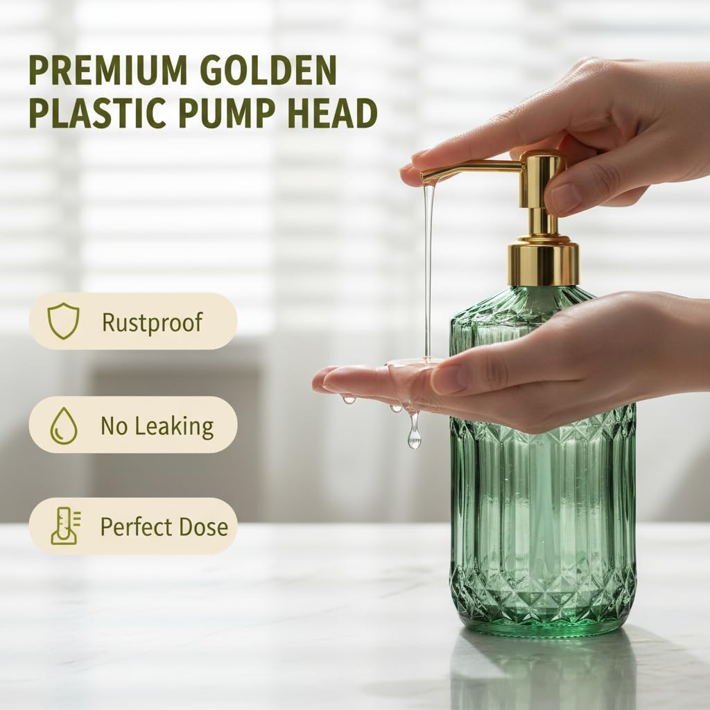 Gem Patterned Glass Soap Dispenser Bottle with Pump, 18Oz Refillable Liquid Hand Jar Dispenser for Bathroom, Countertop, Kitchen, Laundry Room (Green)