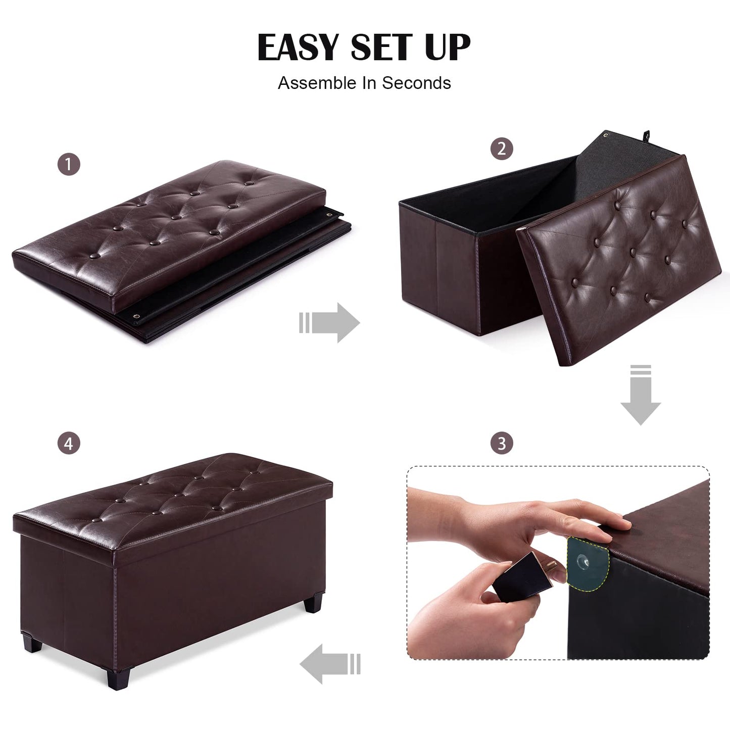 BRIAN & DANY Ottoman Storage Box with 4 Wood Legs, Faux Leather Storage Ottoman, Ottomans for Living Room, Brown, 76 x 38 x 38 cm