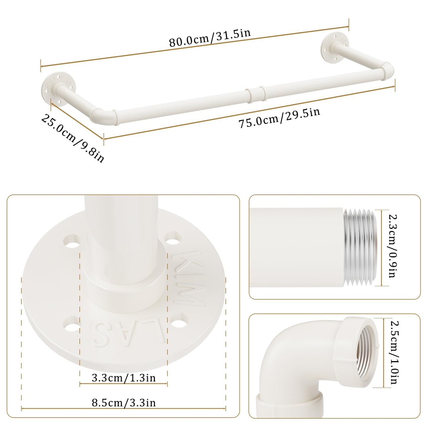 Yawinhe Wall Mounted Clothes Rail,80cm Pipe Clothes Rack,1 Pack,White
